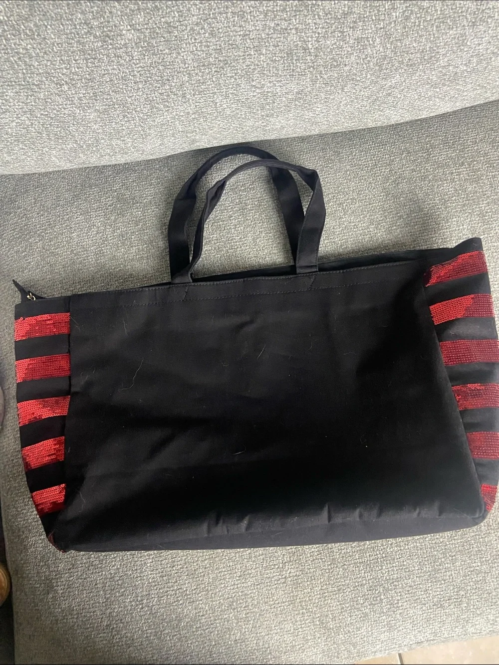 Victoria's Secret Black Tote with Red Sequin Logo and Stripes